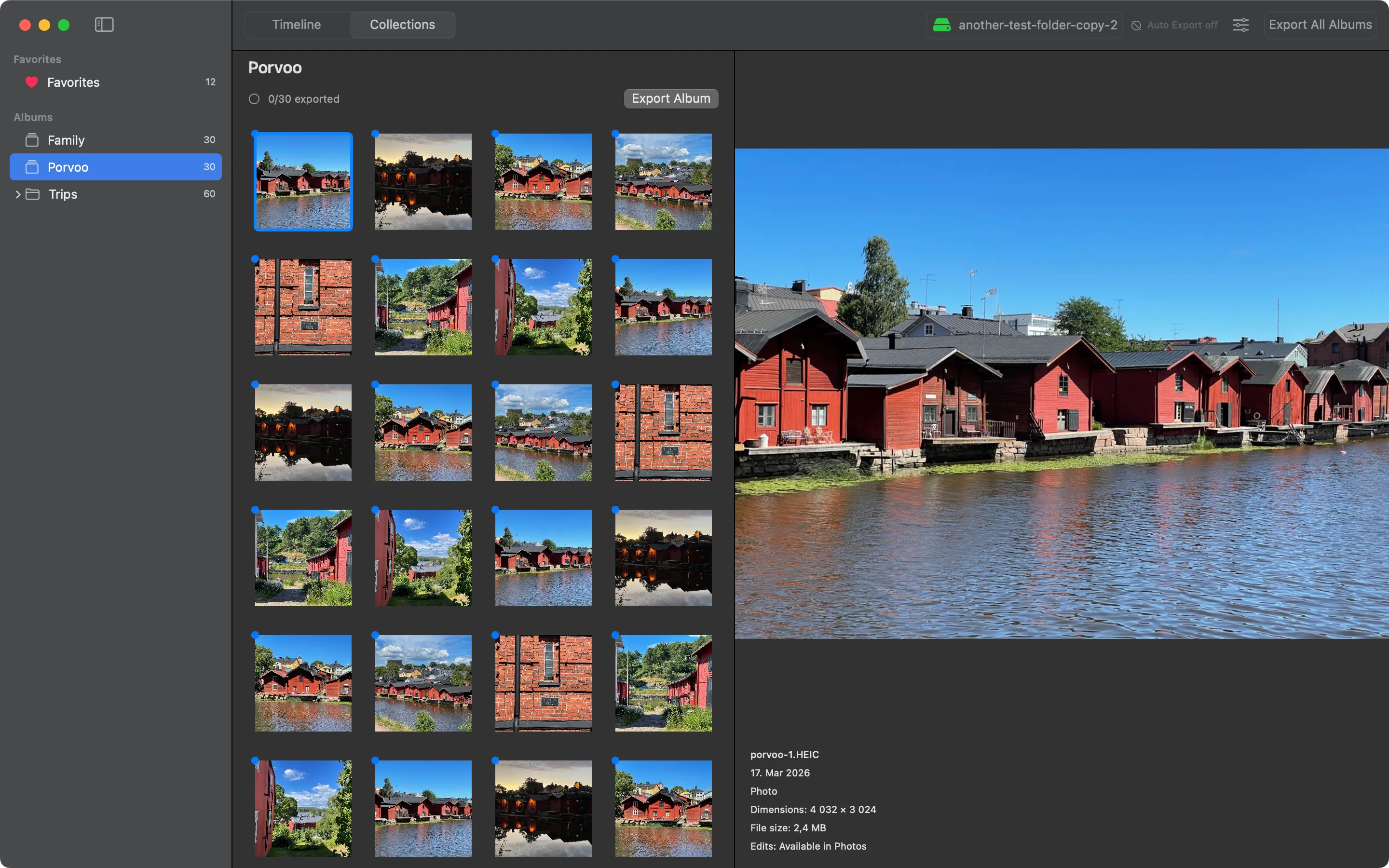 Photo Export app showing an album view — sidebar with Favorites and user albums, grid of thumbnails for the selected album, and a full-size photo preview