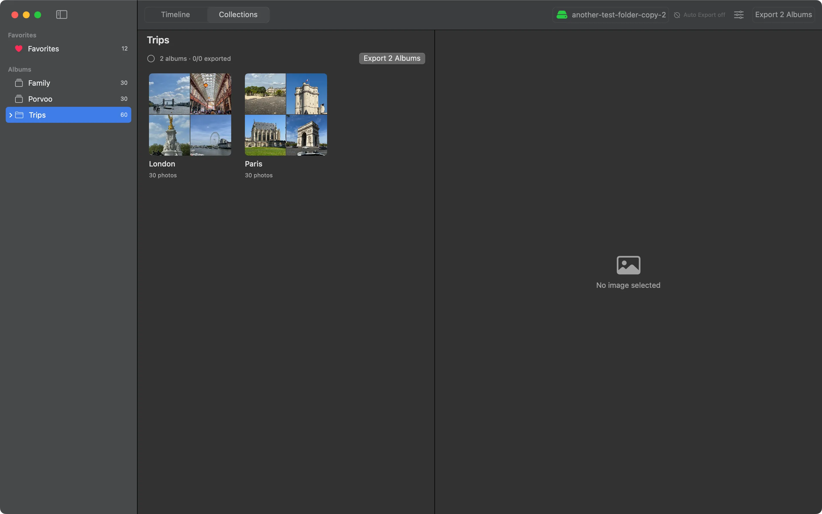 Photo Export app showing a Photos folder containing two albums — folder-tile grid with 4-up cover thumbnails per album and an Export 2 Albums action