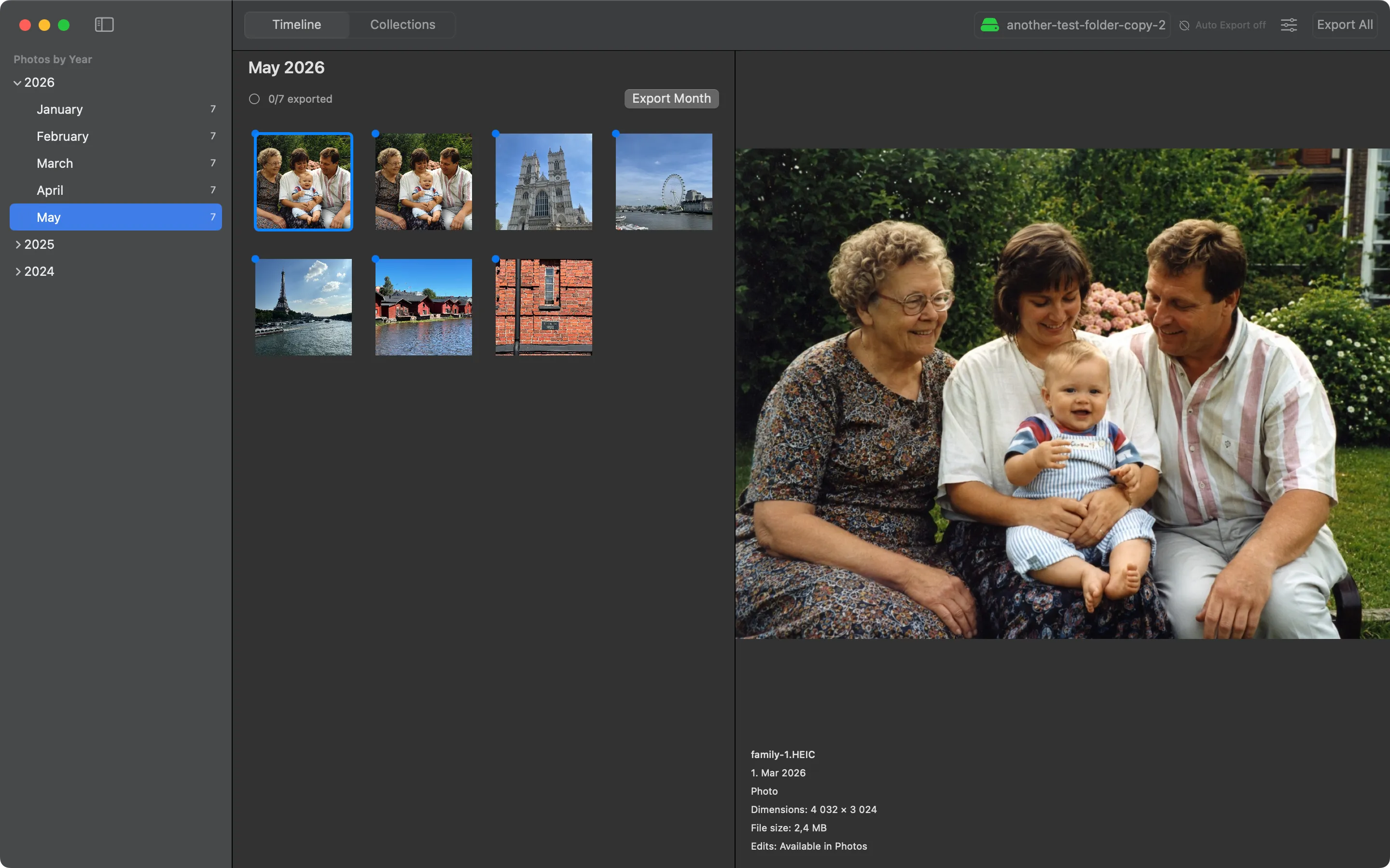 Photo Export app showing the timeline view — year/month sidebar, thumbnail grid for the selected month, and a full-size photo preview