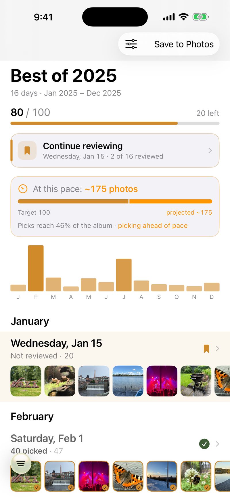 Poimi’s Overview screen — a year’s picks at a glance, 80 of 100 chosen, grouped by day and trip.