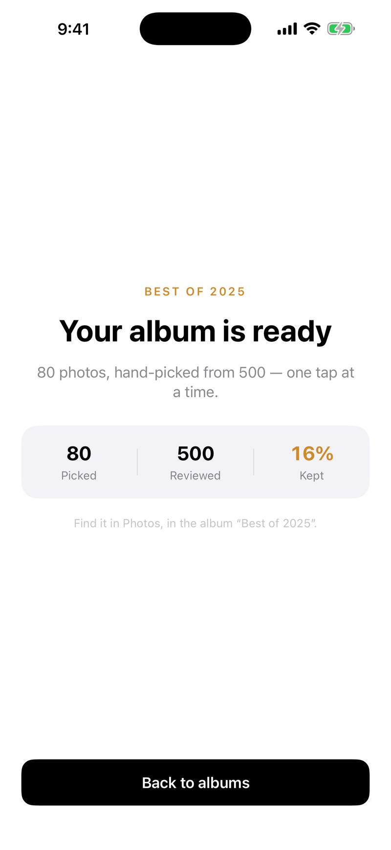 Completion screen — “Your album is ready”, with the picks saved into a real album in Photos.