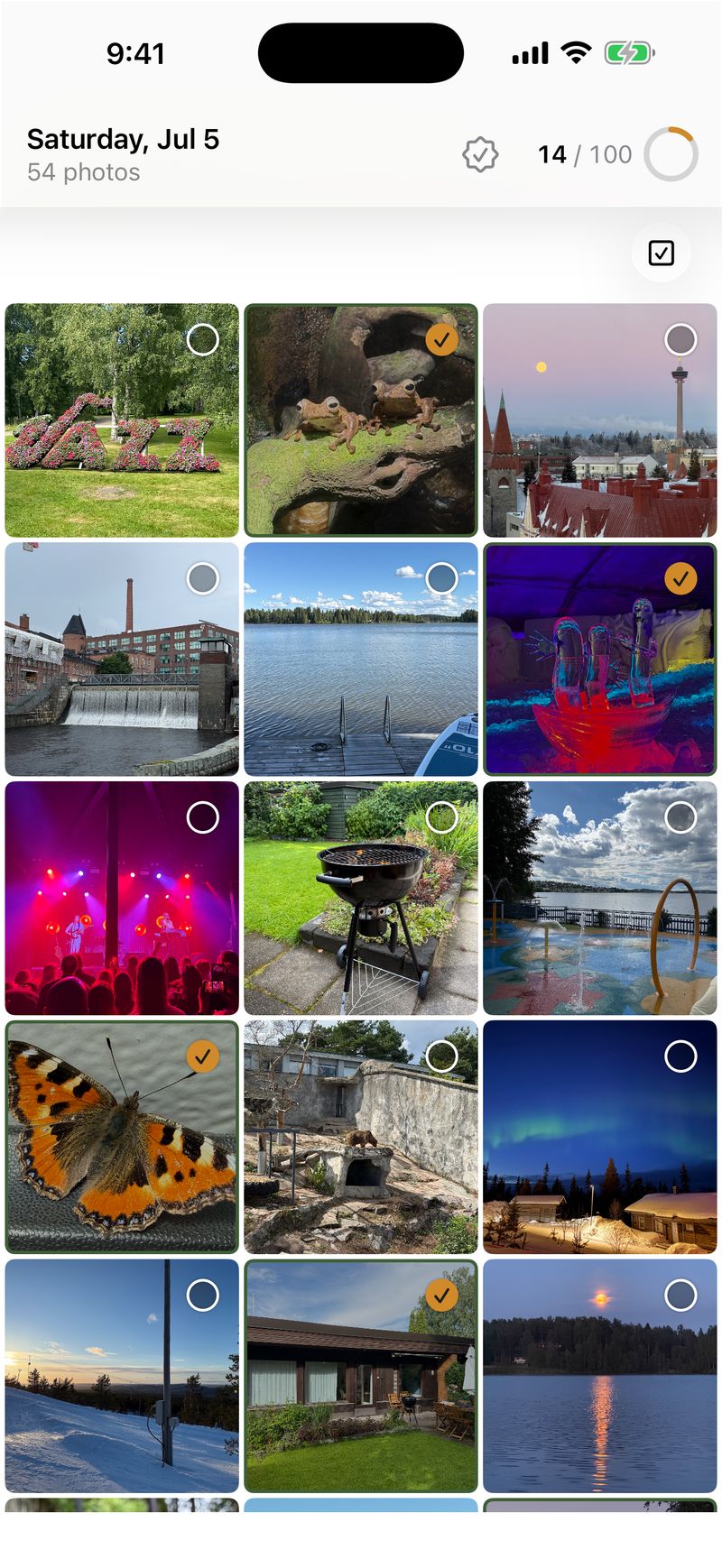 Review grid — a day of real photos in a grid, some picked with a gold check, with a running count toward the target.