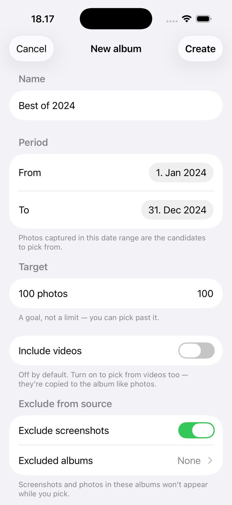New-album setup — name, date range, target count, and toggles to exclude screenshots and albums like WhatsApp.